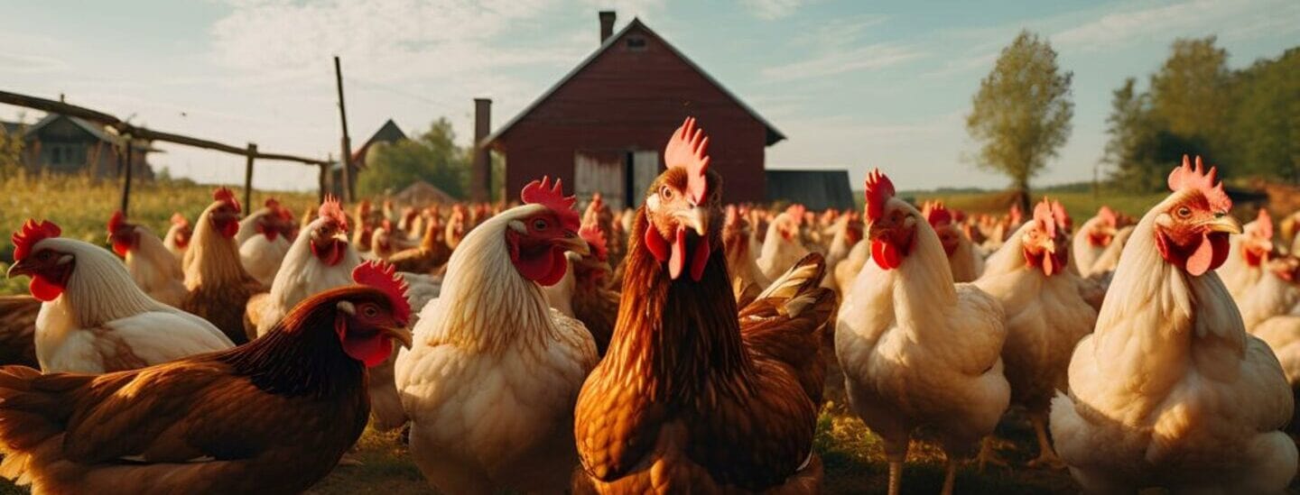 A group of chickens standing in a farm.