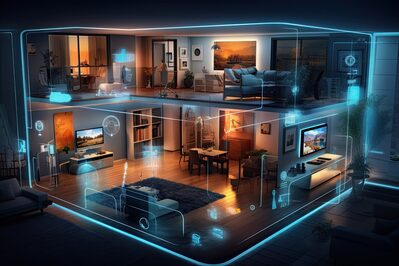 A 3d rendering of a smart home at night.